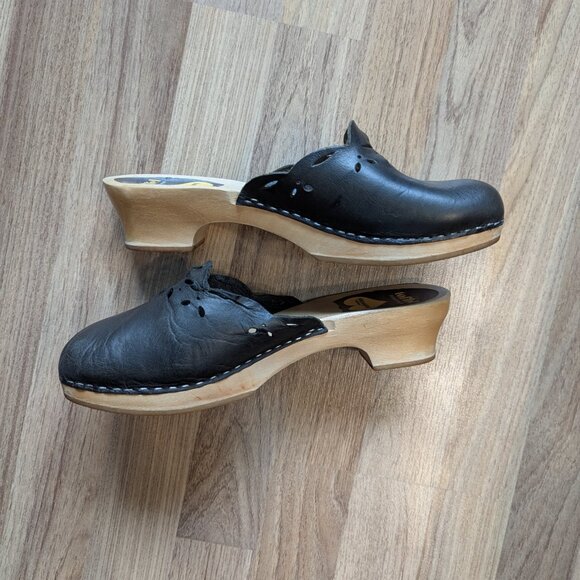 Swedish Hasbeens Black Leather Toffel Clogs Wood Heel EU 40 (Right Damaged) - Picture 4 of 9